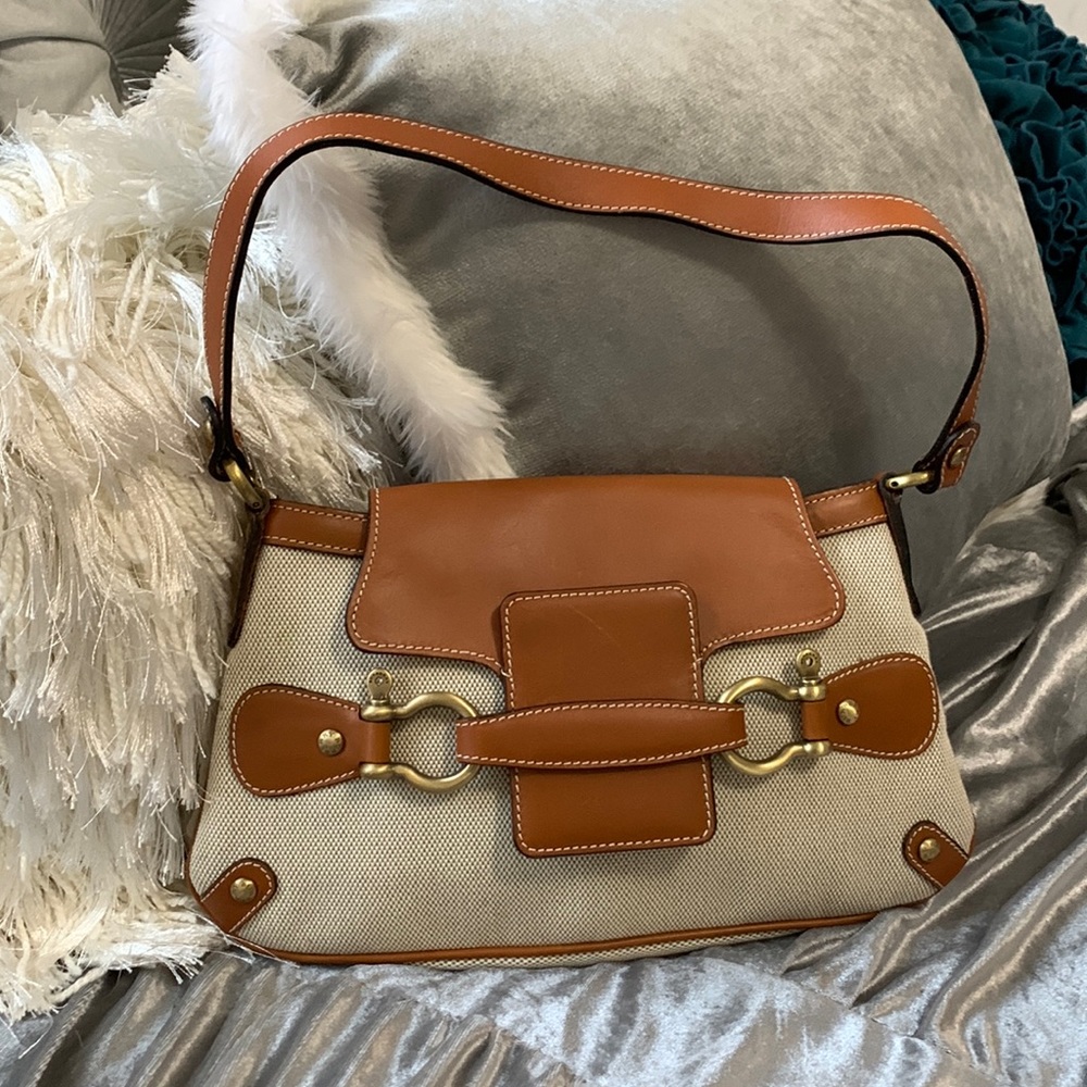 Burberry Canvas Smooth Calfskin Shoulder Bag Natural Brown and Tan